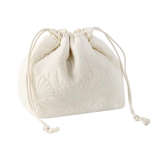 RSRSLEII Quilted Cotton Seashell Drawstring Makeup Bag, Toiletry Bag, White - color: Drawstring White