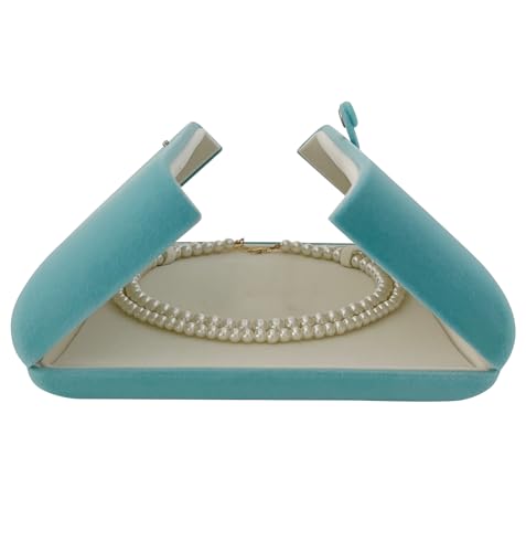 Aqua Teal Velvet Jewelry Box for Large Necklace Luxury Pearl Strand Presentation Case, Tri-Panel Flat Open Design, Button Clip Closure, Cream Velvet Interior, Gift Box for Wedding Birthday - color: Large Necklace Pearl Case