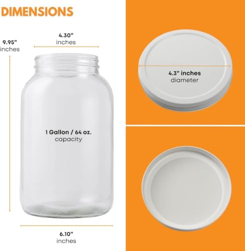 1 Gallon Glass Jar with Lid | 4-Pack Wide Mouth Set with 5 Metal Caps - size: 4 Pack