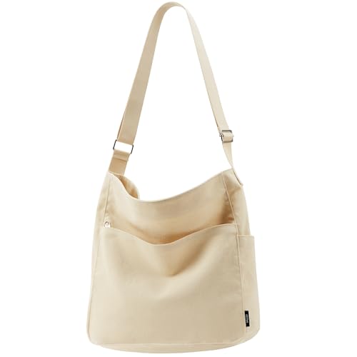 KALIDI Canvas Tote Bag Zipper Large Crossbody Shoulder Bag Messenger Bag - color: Beige