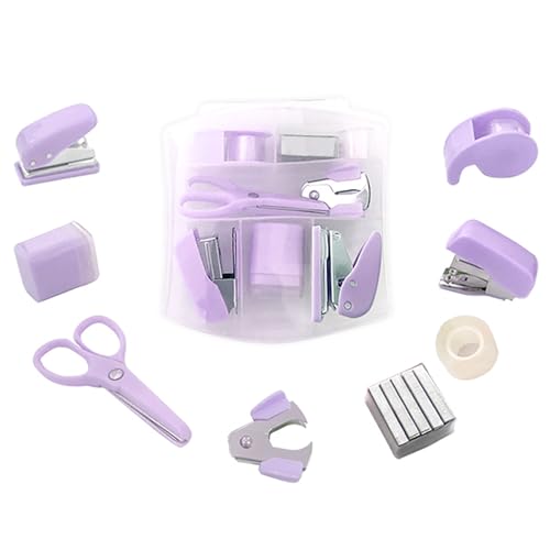 8 Pack Mini Office Supply Kits Mini School Supplies – Includes Mini Stapler, Scissors, Staple Remover, Puncher, Pencil Sharpener, Tape Dispenser (Purple) - color: Purple