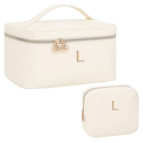Custom Initial Cosmetic Bag 2‑Piece Set for Women Teen Girls, Beige L - size: L