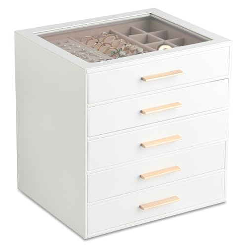 Frebeauty Jewelry Box for Women,Clear Lid Jewelry Organizer with 5 Drawers - color: White, size: 5 Drawer