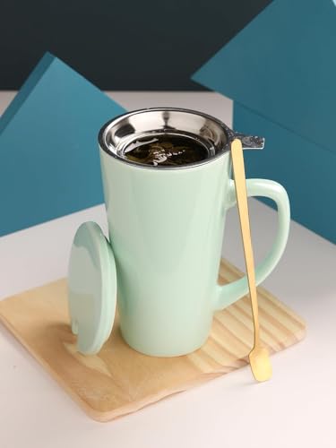 15 Ounce Porcelain Tea Mug with Infuser, Lid and Spoon, Loose Leaf Tea Cup (Mint Green) - color: Mint Green