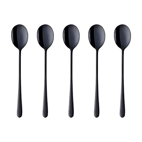 Buyer Star 5-pieces Black Dinner Table Spoons 8-Inch Stainless Steel Metal Korean Soup Spoons - color: Black