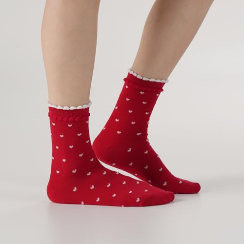 Womens Cotton Crew & Ankle Socks, Cute Floral Ruffle Colorful Tube Size 6-9 - color: Heart Pattern a