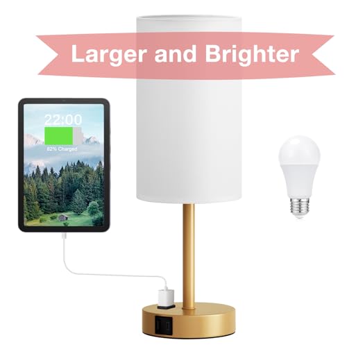 Fenmzee 17.4" Gold Lamp for Bedroom - Dimmable Touch, USB A+C, AC Outlet - color: White - Gold, size: 17.4"