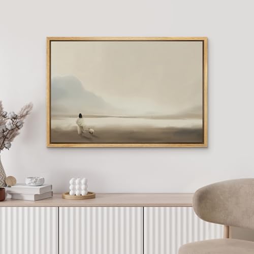 MUDECOR Framed Canvas Print Wall Art Wanderer and Sheep in Fog Tranquil Neutral Landscape Illustrations Fine Art Decorative Zen Multicolor Country/Farmhouse Retro for Bedroom - 24"x36" Natural - color: A03-2502-m06, size: 36"L x 24"W