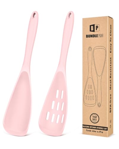 BUNDLEPRO Silicone Cooking Spoons for Nonstick Cookware, One-Piece, 2 Pack - color: Pink