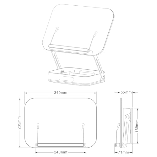 Bisofice Desktop Book Stand for Reading with Rotate Base Acylic Panel Page Clips Storage Compartments Foldable and Angle Adjustable for Laptop Holder Book Magazine Document Tablet (White)