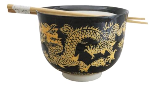 Ebros Gift Artistic Donburi Ramen Udon Noodles Soup Salad 5" D 18Oz Bowl With Bamboo Chopsticks And Built In Rest Set Asian Dining Kitchen Accent (Black And Yellow Oriental Dragon King) - color: Black And Yellow Oriental Dragon King