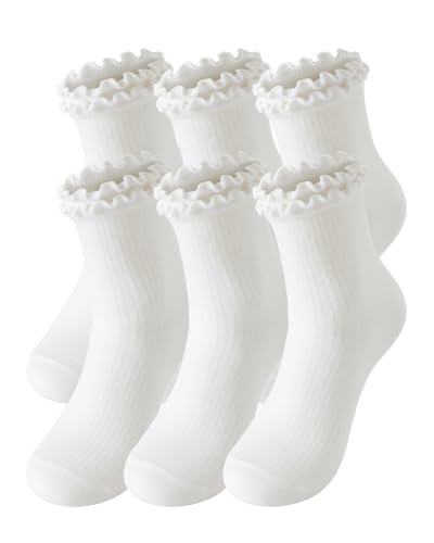 DQCUTE Women's Ruffled Ankle Cotton Crew Socks, 6 Pairs - color: White (6 Pairs)