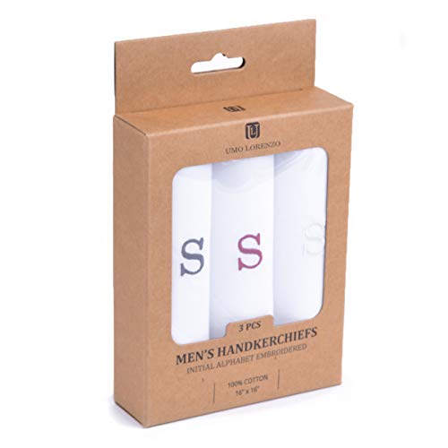 Initial Handkerchief for Men, Monogrammed Boxed 3 Piece Set,100% Cotton - color: S Initial