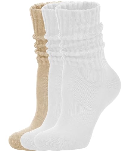 AugRing Women's Scrunch Crew Socks Retro 3-Pack Solid Cotton Boot Calf Chunky Ribbed Cozy Slouchy Socks Size 5-11 - color: White/White/Beige