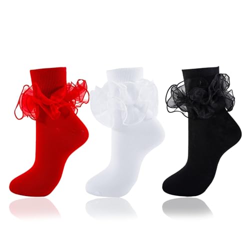Big Ruffle Socks Women(Size 5-11) Turn Cuff Cotton Lace Frilly Socks - color: White,red,black - 3 Pairs, size: 9-11