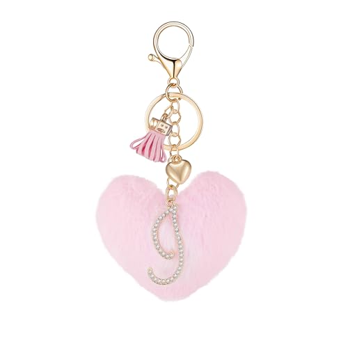 Initial Letter Heart Pom Pom Keychain for Women Pink Soft Fluffy Ball Key Ring for Purse Backpack Handbag - color: I