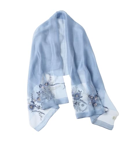 Jeelow Long Silk Blend Embroidered Floral Shawl Scarf Wrap for Women - color: Blue Floral