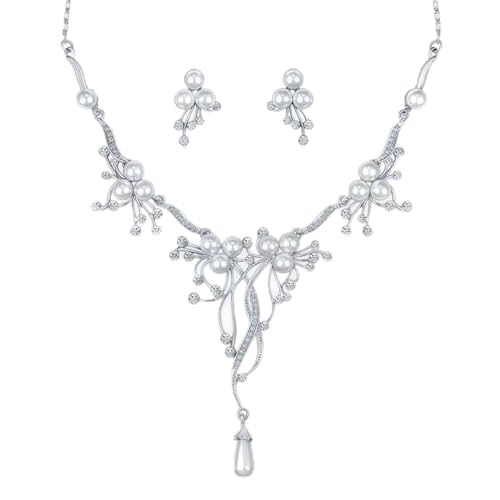 Pearl Bride Wedding Jewelry Set Faux Pearls Crystal Rhinestone Necklace Earrings Bracelet Sets for Women Bridesmaid(3 PCS) - color: Silver - Pearl A