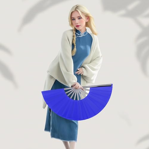 4 Pack Large Folding Hand Fan, Blue Chinese Kung Fu Tai Chi Fan Nylon-Cloth rave Fan For Men And Women Performance, Dance, Decorations, Festival, Gift (4p Folding fan blue) - color: 4p Folding fan blue