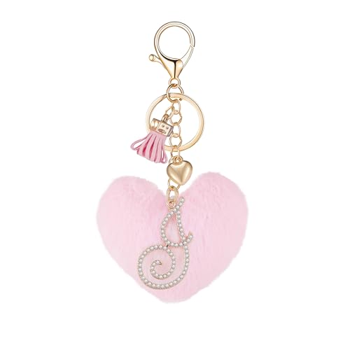 Initial Letter Heart Pom Pom Keychain for Women Pink Soft Fluffy Ball Key Ring for Purse Backpack Handbag - color: G