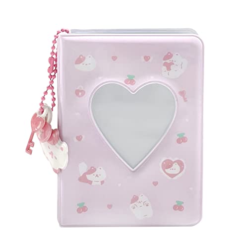 3 Inch Mini Photo Album, Heart Hollow Card Binder Photo Card Holder with Pendant 40 Pockets (pink white cat) - style: pink white cat