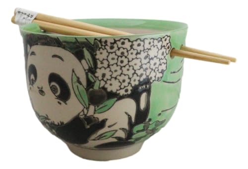 Ebros Gift Artistic Donburi Ramen Udon Noodles Soup Salad 5" D 18Oz Bowl With Bamboo Chopsticks And Built In Rest Set Asian Dining Kitchen Accent (Green Playful Panda With Flowers) - color: Green Playful Panda With Flowers