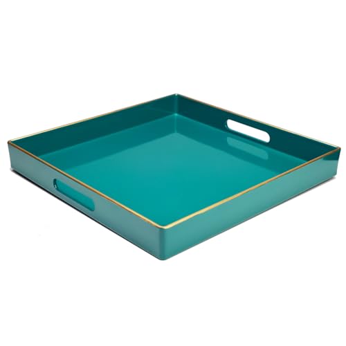 Spsyrine Green Decorative Serving Tray with Handles, 13" X 13" Square Plastic Coffee Table Tray for Ottoman, Living Room, Bathroom, Home Decor. - color: Dl06re