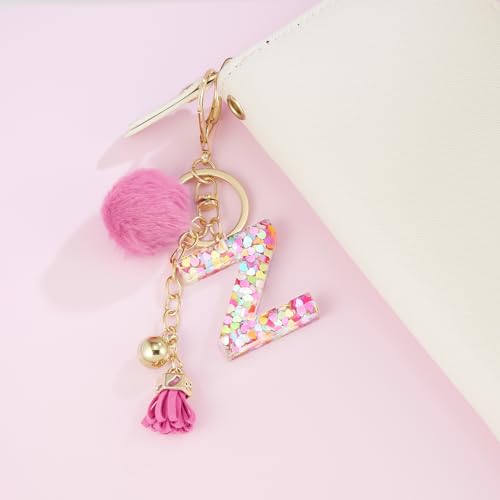 Resin Alphabet Initial Letter Keychain Keyring for Women Purse Handbags With Fur Ball Pom - color: Deep Pink Fur Ball Letter Z