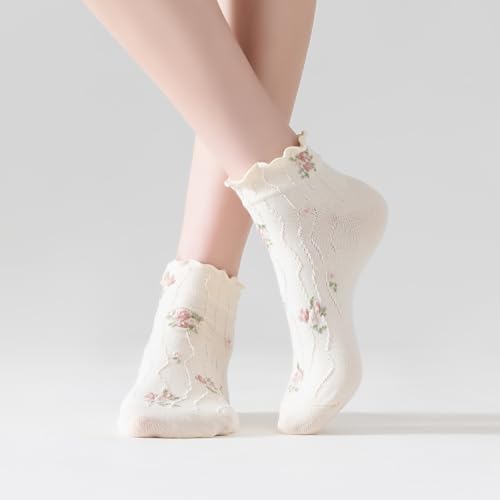 Women‘s Ruffle Ankle Socks,Vintage Patterned,Short Casual Dress Sock,Cute Princess Lettuce Floral Socks 6 Pack - color: 6pairs(pink,white,grey)
