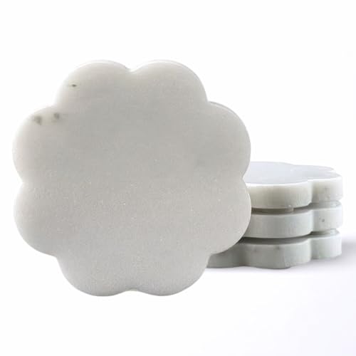 Marble Coasters Set of 4, Handcrafted Drink Protectors, Natural Stone Coaster Bar & Table Decor, Modern Desk Aesthetic Accessories, Non-Slip Luxury Gift (Marble White Round Scalloped)