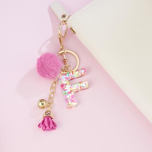 Resin Alphabet Initial Letter Keychain Keyring for Women Purse Handbags With Fur Ball Pom - color: Deep Pink Fur Ball Letter F