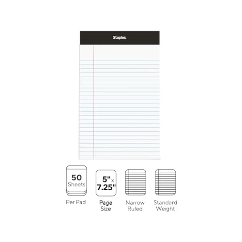 Staples Notepads, 5x8 Inch, Narrow Ruled, White, 12-Pack - style: White
