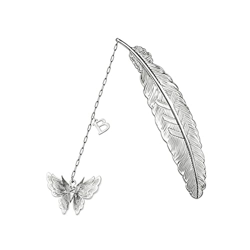 Initial Letter and Butterfly Charm Metal Feather Bookmark (Silver-B) - style: Silver-B