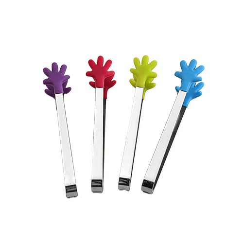 4PCS Silicone Mini Tongs, 5 Inch Colourful Small Hand Shape Metal Food Tongs, Kitchen Tool for Serving Food, Ice Cube, Fruits, Sugar, Barbecue, Desserts，Great for Party, Buffet