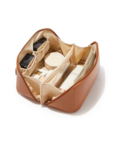 EACHY Travel Makeup Bag for Women, PU Leather Cosmetic Bag, Brown, Medium - color: A - Brown, size: Medium