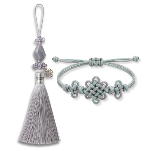 Korean Norigae & Maedeup Bracelet Gift Set, Handmade Traditional Korean Knot Accessory, Korean Cultural Gift for Women - color: Gray