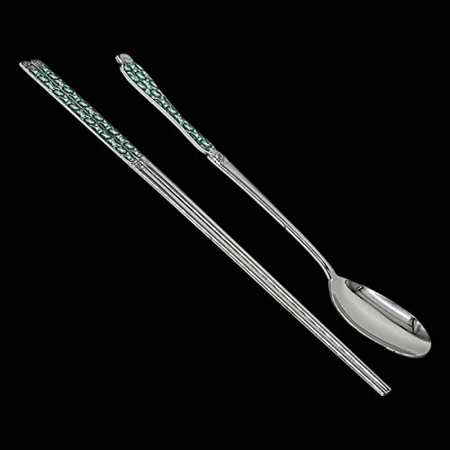 [Made in Korea] Goryeo Celadon Design Korean Table Sticky Rice Spoon and Chopsticks 430 Stainless Steel Glossy Surface Mukbang Cutlery (Blue, 5 Sets) - style: Blue, 5 Sets