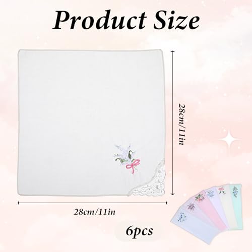Bewudy 6pcs Vintage Floral Embroidered Handkerchiefs for Women, Butterfly Lace Hanky, Cotton Embroidery Ladies' Vintage Floral Lace Handkerchiefs for Wedding Party