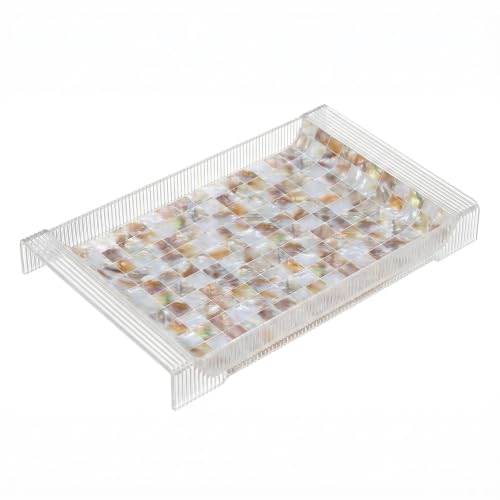 Decorative Tray with Pearlescent Design，Multifunctional Acrylic Serving Tray with Handles，15" Mother of Pearl Tray for Coffee Table, Nightstand,Ottoman or Living Room