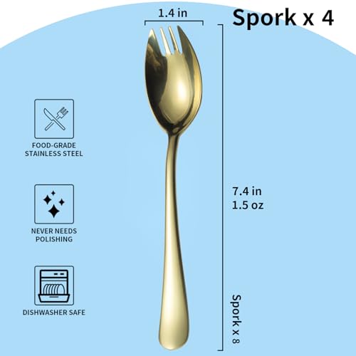 Alata Champagne Gold Mirror Sporks 4-Pack Set Stainless Steel Sporks, 7.4 Inches Long Handle Salad Forks For Dessert, Ice Cream, Salad, Soup, Noodle, Spaghetti, Dishwasher Safe - size: Champagne Gold