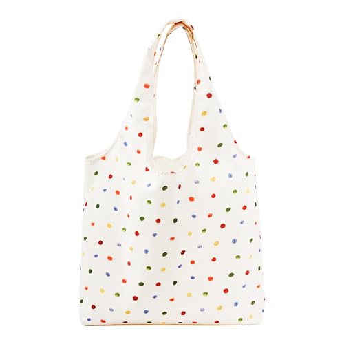 REDSINDA Canvas Tote Bag, Large Capacity Shoulder Bag with Inner Pockets, Foldable Shopping Bag - color: Colorful Dots