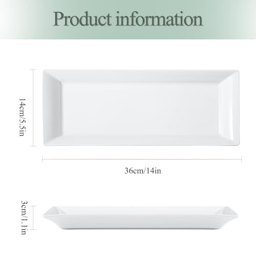 14" Rectangular Platters Set of 4, White Ceramic Platters, Large Serving Plates for Party, Entertaining, Wedding, Rectangle Serving Dishes for Steak, Sushi, Appetizer, Oven Dishwasher Safe - color: White 2