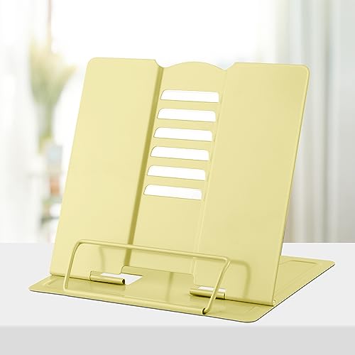 Honagu Book Stand Metal Desk Book Holder, Book Holders for Reading Hands Free, Adjustable Cookbook Documents Holder, Portable Bookstand for Music Books, Textbook, Recipe, Tablet, Ipad（Light Yellow） - color: Light Yellow
