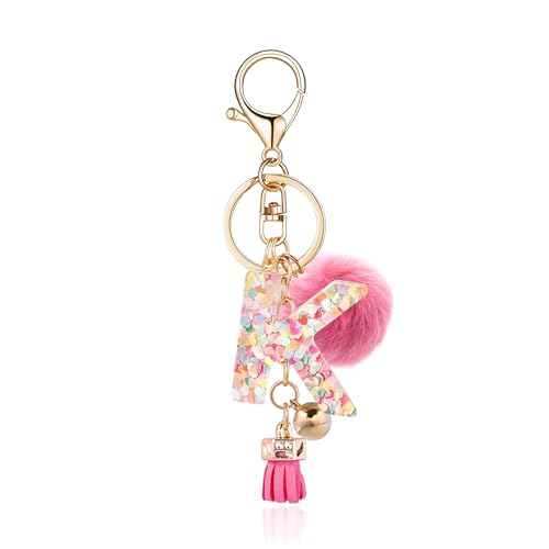Resin Alphabet Initial Letter Keychain Keyring for Women Purse Handbags With Fur Ball Pom - color: Deep Pink Fur Ball Letter K