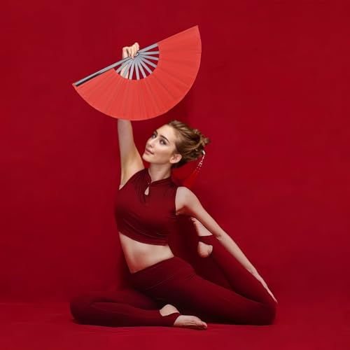 2 Pack Large Folding Hand Fan, red Chinese Kung Fu Tai Chi Fan Nylon-Cloth Fan for Men and Women Performance, Dance, Decorations, Festival, Gift (Folding Fan red 2p) - color: Red