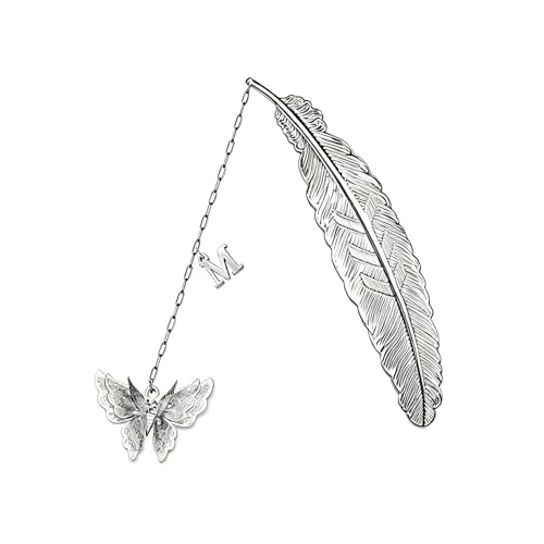 Initial Letter and Butterfly Charm Metal Feather Bookmark (Silver-M) - style: Silver-M