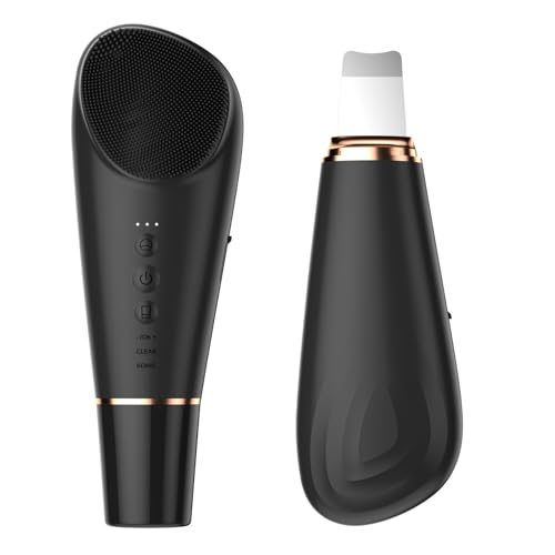 Silicone Face Scrubber Blackhead Scraper Rechargeable 2-in-1 Facial Cleansing Brush & Skin Spatula Duo, IPX7 Waterproof Exfoliating Massager Deep Cleansing for Women and Men(Black) - color: Black
