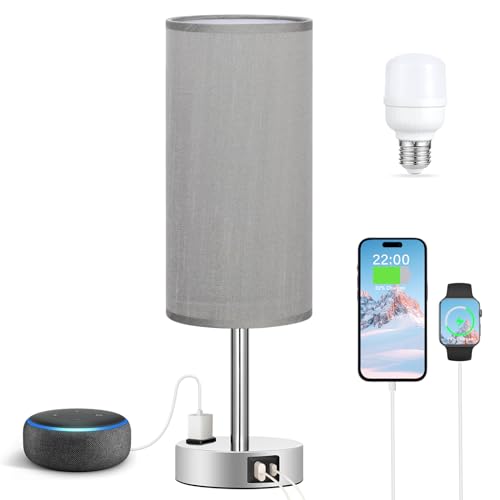 Fenmzee Grey Bedside Lamp for Bedroom, Dimmable Touch, USB A+C, AC Outlet - color: Grey - Silver, size: 14"
