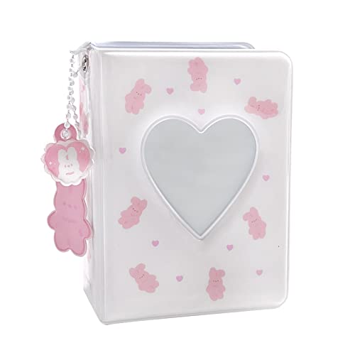 3 Inch Mini Photo Album, Heart Hollow Card Binder Photo Card Holder with Pendant 40 Pockets (white pink rabbit) - style: white pink rabbit
