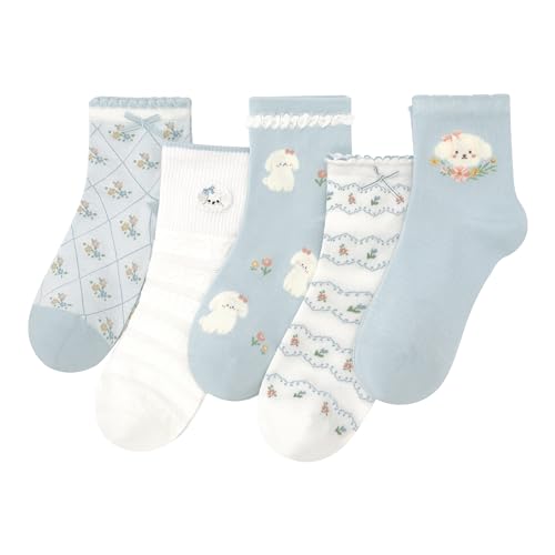 Cute Thin Crew Socks for Women Viscose Bamboo Cotton Girls Ankle Pattern Stripe Novelty Preppy Sock 5 Pairs - color: Puppy/Blue